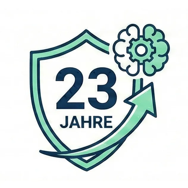 Ein Schild mit dem Schriftzug "23 Jahre", einem Gehirnsymbol oben rechts und einem nach oben zeigenden Pfeil unten, der 23 Jahre Wachstum oder Fortschritt symbolisiert.