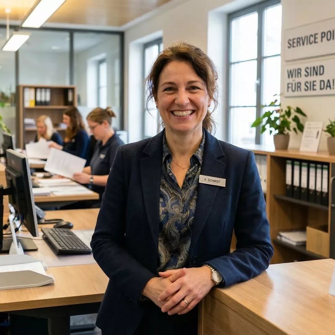Eine Frau mit einem Namensschild steht lächelnd an einem Schreibtisch in einem modernen Büro. Hinter ihr arbeiten mehrere Kollegen an Computern und mit Dokumenten. In dem hellen, organisierten Raum sind große Fenster und Pflanzen zu sehen.