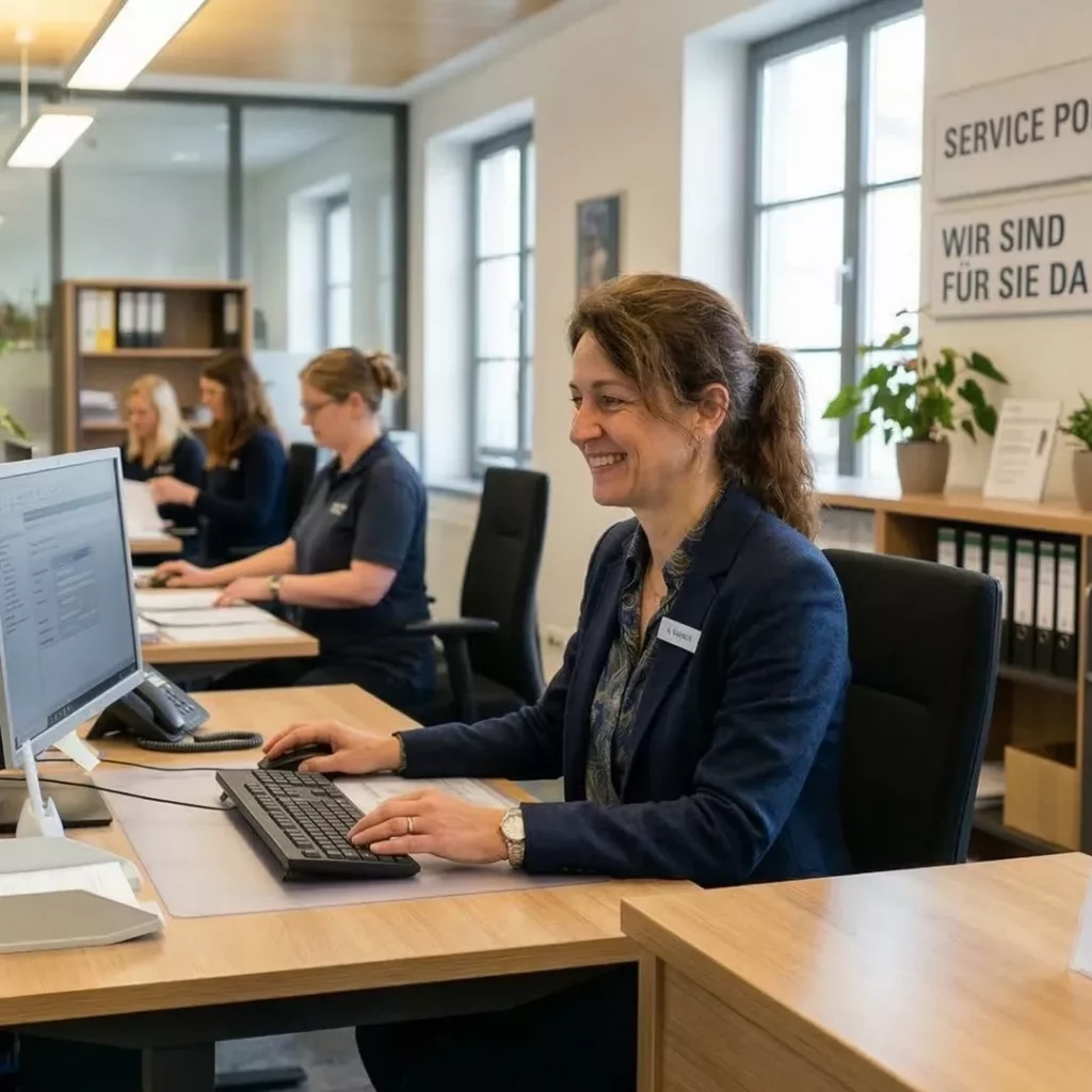 Eine Frau in Geschäftskleidung lächelt, während sie in einem hellen Büro mit mehreren Kollegen im Hintergrund an einem Computer arbeitet. An den Wänden sind Regale und Schilder in deutscher Sprache zu sehen.
