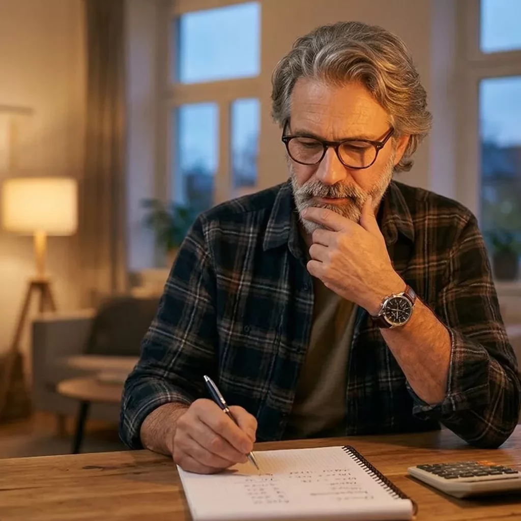 Ein älterer Mann mit Brille und kariertem Hemd sitzt an einem Tisch in einem gemütlichen Zimmer und schreibt nachdenklich mit einem Stift in ein Notizbuch. Im Hintergrund sind ein Taschenrechner und eine Lampe zu sehen.