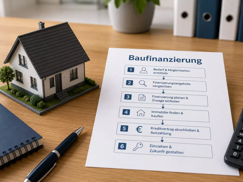 Ein Hausmodell und ein Dokument, in dem die Schritte zur Finanzierung eines Hauses auf einem Holztisch beschrieben sind. Das Dokument beschreibt die "Baufinanzierung" mit Schritten von der Bedarfsermittlung bis zum Einzug.