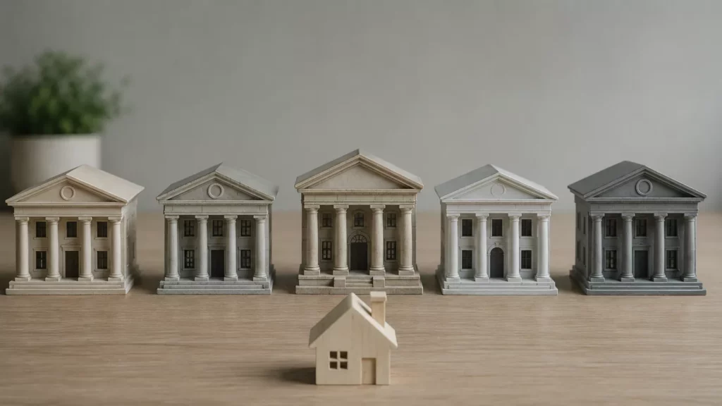 Miniaturmodell eines Einfamilienhauses vor mehreren größeren bankähnlichen Gebäuden.