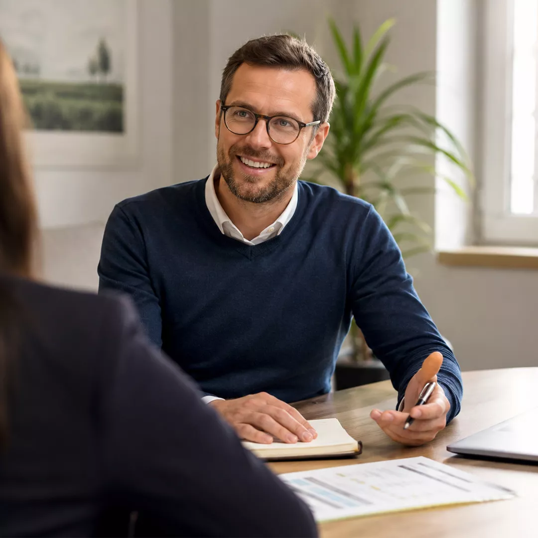 Ein lächelnder Mann mit Brille und Bart, der einen marineblauen Pullover über einem Hemd trägt, sitzt an einem Schreibtisch mit einem Notizbuch und einem Stift und diskutiert mit einer Frau in einem hellen Büro mit einer Pflanze und einem Fenster über Baufinanzierung für Selbstständige.