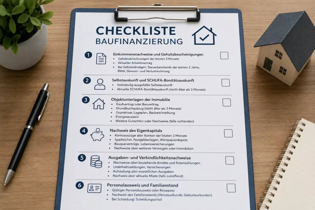 Checkliste für die Immobilienfinanzierung, mit Abschnitten zu Einkommen, Kreditwürdigkeit, Immobilienunterlagen, Eigenkapital, Ausgaben und persönlichen Informationen. Ein Miniaturhausmodell und ein Stift liegen daneben.