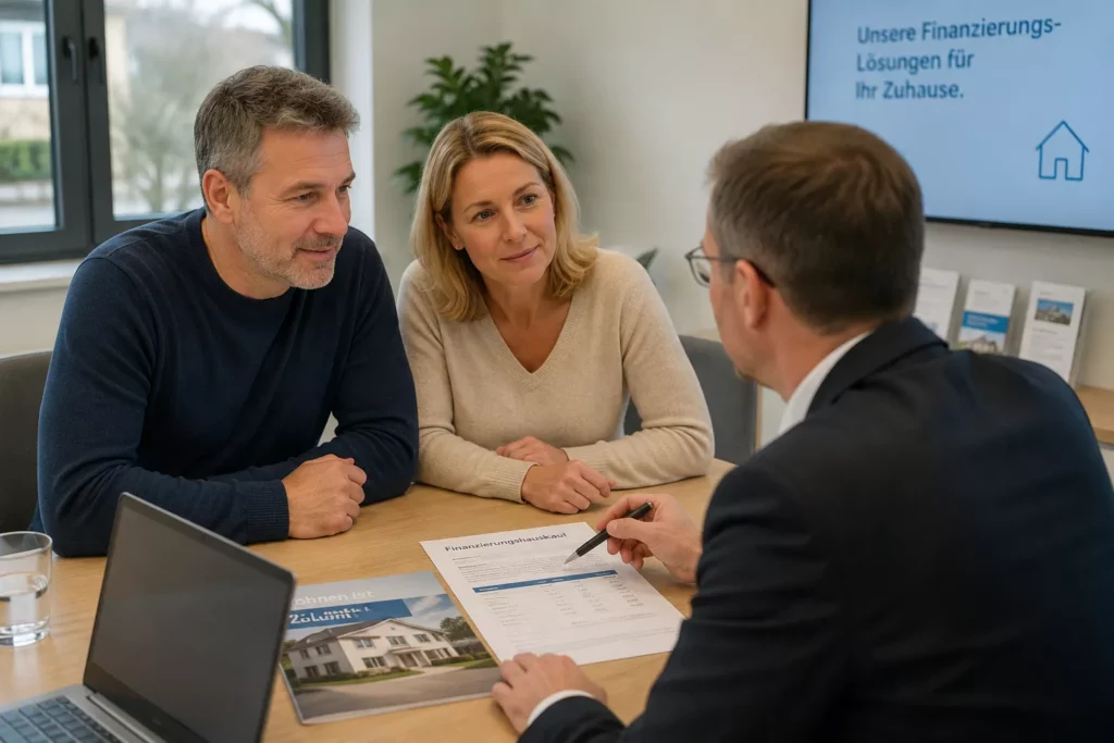 Ein Mann und eine Frau sitzen einem Finanzberater gegenüber und besprechen Unterlagen über Hauskauf mit 50 Jahren ohne Eigenkapital. Zu sehen sind eine Broschüre mit dem Bild eines Hauses und ein Bildschirm mit deutschem Text zur Hausfinanzierung.