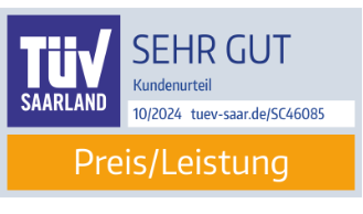 TÜV Saarland-Bewertungssiegel mit der Note „SEHR GUT“ für das Preis-Leistungs-Verhältnis, mit Prüfdatum 10/2024 und einem Link zu weiteren Informationen.