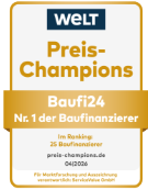 Auszeichnungsplakette der WELT, in der Baufi24 in einem Ranking von 25 Anbietern vom April 2024 als „Nr. 1 der Baufinanzierer“ ausgezeichnet wurde.